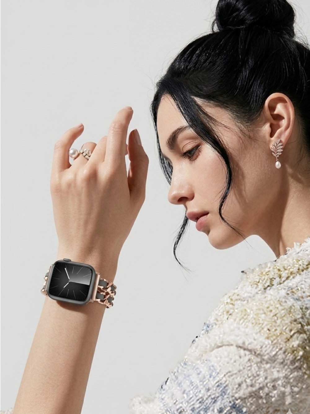 Apple Watch Bracelet Black Leather & Rose Gold Metal Chain Strap | cases 44-49mm